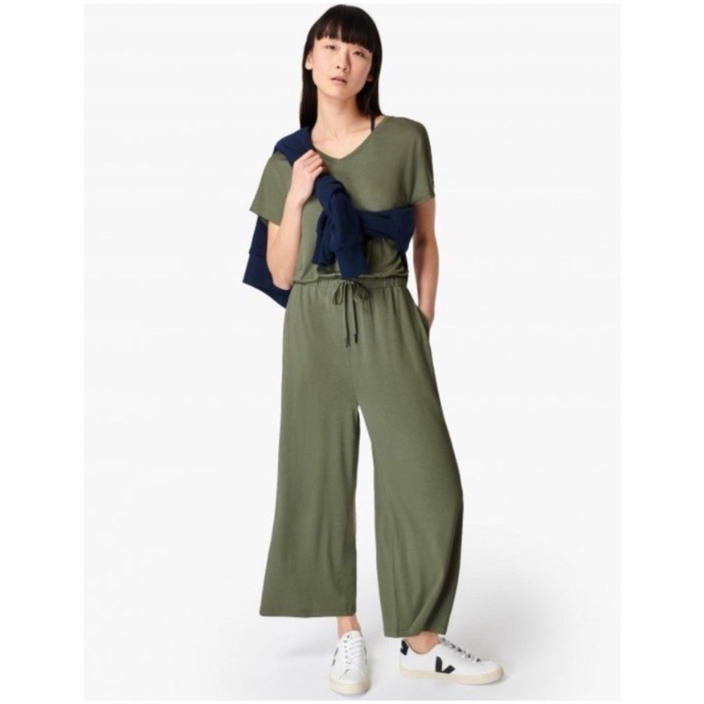 Sweaty Betty M Take It Easy Jumpsuit Safe Green Travel Lounge Soft Wide Leg